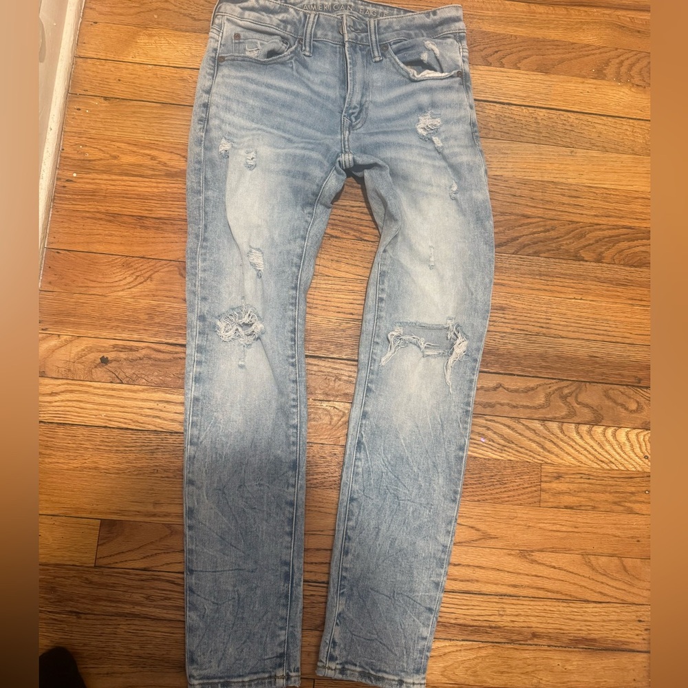 American Eagle Outfitters Men's Faded Blue Distressed Skinny Jeans